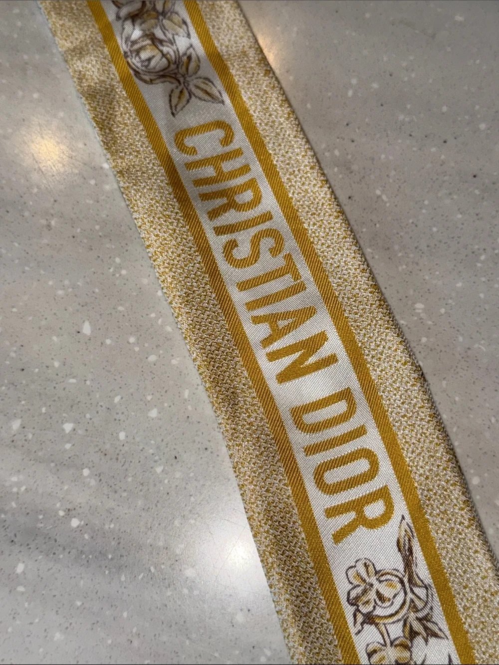 Authentic Dior Gold & White Logo Floral Silk Mitzah Scarf